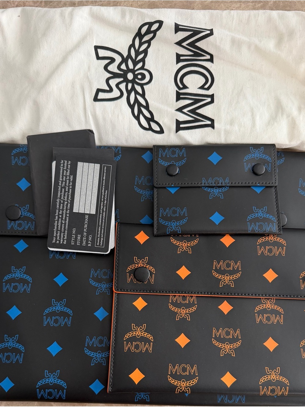 MCM Black Leather Wallet & Card Holder Set with Blue and Orange Print - Picture 3 of 3